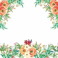 水彩花背景框架婚礼邀请花花瓣花束绿色树叶异国情调的热带植物图形