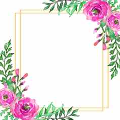 水彩花框架广场优雅的花集合孤立的粉红色的叶子花手画水彩设计邀请婚礼问候卡片