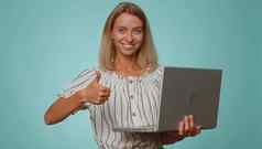 快乐女人工作在线移动PC显示拇指积极的反馈彩票赢得好提供