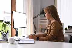 一边视图集中女企业家工作在线电脑首页办公室