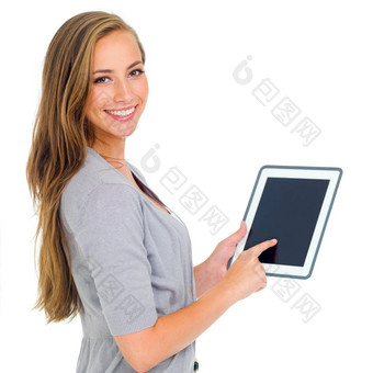信任用户友好的用户有吸引力的年轻的女人数字平板电脑孤立的白色
