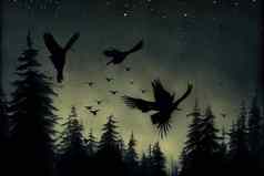 黑色的乌鸦飞行森林晚上