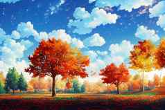 秋天景观秋天树叶子天空背景动漫