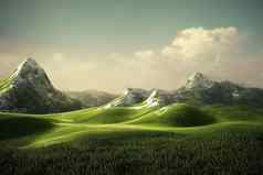 绿色草山白色背景