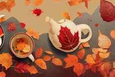 秋天作文杯茶茶壶红色的