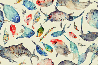 水彩无缝的模式海鱼美丽的动物打印