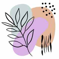 手画现代时尚的插图摘要几何形状monstera叶叶子紫罗兰色的米色薄荷背景海报卡设计社会媒体柔和的图形打印