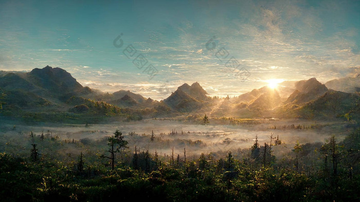 山平原黎明雾树高山山背景