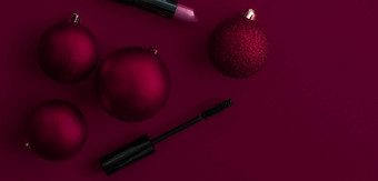 化妆化妆品产品集美品牌圣诞节出售促销活动奢侈品勃艮第平铺背景假期设计
