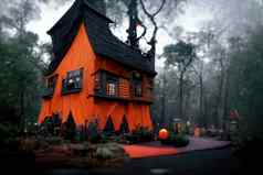 黑色的橙色房子万圣节主题渲染