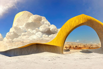 超现实主义的<strong>沙漠</strong>景观黄色的拱白色云渲染