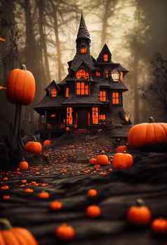黑色的橙色房子万圣节主题渲染
