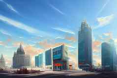 摘要当代西方市中心城市景观阳光明媚的早....现代摩天大楼神经网络生成的艺术