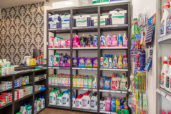 架商店家庭化学物质化妆品婴儿尿布洗涤剂照片模糊散焦