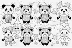 万圣节着色页面包集大纲万圣节熊猫