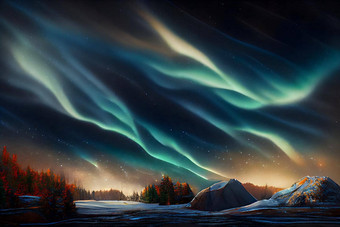 晚上陆地景观极光北美灯天空神经网络生成的艺术