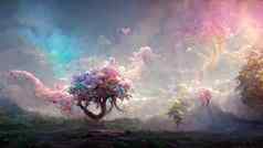 幻想景观魔法树笼罩粉红色的雾