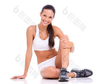 妍图片完美的健康工作室肖像有吸引力的女人锻炼服装坐着地板上孤立的白色