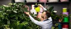 植物学家花园中心采取护理植物浇水喷雾瓶