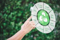 手触摸图标回收绿色能源碳信贷网环境、社会和治理数字技术绿色背景概念