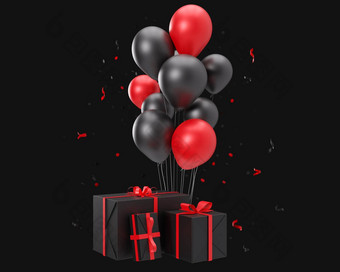 红色的黑色的气球礼物孤立的黑色的背景黑色的<strong>星期五</strong>生日庆祝<strong>活动</strong>元素事件卡减少现代设计呈现