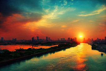 动漫风格潮phraya河太阳提高现代建筑景观河曼谷城市动漫风格