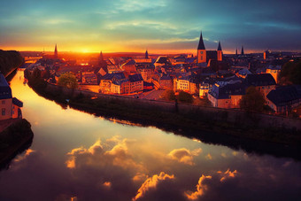 动漫卢森堡城市卢森堡城市景观图像小镇阿尔泽特河天际线美丽的日落动漫风格