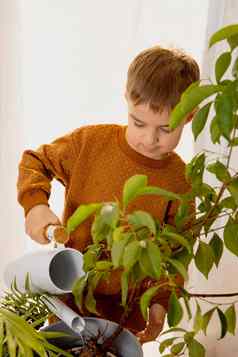 可爱的可爱的男孩有爱心的室内植物首页助手家庭休闲活动孩子浇水植物首页园艺概念舒适的房间地球颜色休闲服装