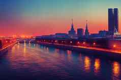 动漫风格莫斯科河俄罗斯资本夏天城市景观莫斯科博罗丁斯基桥视图河资本俄罗斯阳光明媚的天气莫斯科体系结构全景俄罗斯城市俄罗斯联合会