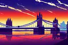 动漫风格全景塔桥日落伦敦动漫风格