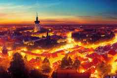 动漫风格空中视图著名的Gediminas城堡塔主要大教堂广场小镇维尔纽斯城市建筑全景背景资本城市立陶宛东部欧洲动漫风格