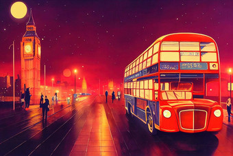 油漆辆双层公共汽车晚上伦敦动漫风格