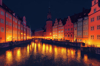 动漫风格晚上场景弗罗茨瓦夫照亮建筑反映或河动漫风格