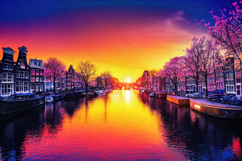 动漫风格美丽的日出阿姆斯特丹荷兰花自行车桥春天动漫风格