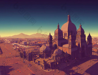 动漫风格广场广场大都会大教堂墨西哥城市动漫风格