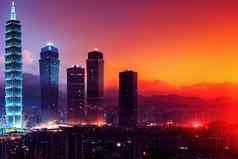 动漫风格台北台湾4月日落小时天空台北资本城市台湾台北解决台北具有里程碑意义的摩天大楼最高的建筑世界4月