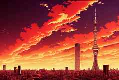 动漫风格东京日本9月业务区日落东京日本更大的东京区域人口众多的大都会区域世界动漫风格