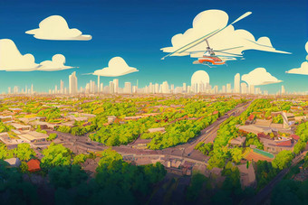 卡通风格空中城市视图十字路口道路房子建筑公园停车很多桥梁直升机无人机拍摄宽全景图像动漫风格