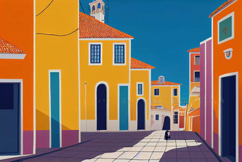 卡通风格棕榈复合街资本灯塔葡萄牙典型的葡萄牙语房子动漫风格