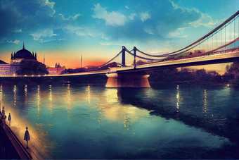 卡通画塞切尼链桥美丽的装饰悬架桥<strong>跨越</strong>河多瑙河布达佩斯资本匈牙利动漫风格