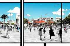 卡通画尼科西亚塞浦路斯3月人走自由广场现代世界主义体系结构尼科西亚资本城市塞浦路斯动漫风格