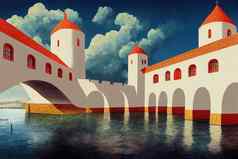 卡通风格历史桥球领先的三盖伯瑞尔城堡暗礁资本城市兰斯洛特金丝雀岛屿西班牙动漫风格