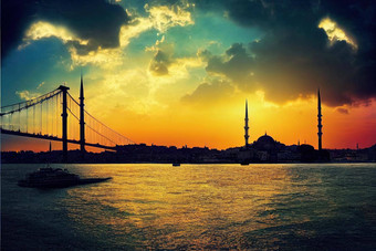 伊斯坦布尔横<strong>跨</strong>博斯普鲁斯海峡全景照片伊斯坦布尔景观美丽的日落云苏莱曼尼耶清真寺双曝光横<strong>跨</strong>博斯普鲁斯海峡<strong>桥</strong>伊斯坦布尔土耳其最佳旅游目的地伊斯坦布尔动漫圈