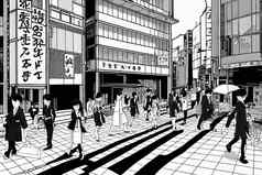 卡通画日本业务部分日本资本行人穿越高层建筑建筑东京下午交通街道东京体系结构日本