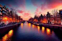 显示风格阿姆斯特丹运河日落阿姆斯特丹资本人口众多的城市荷兰动漫风格