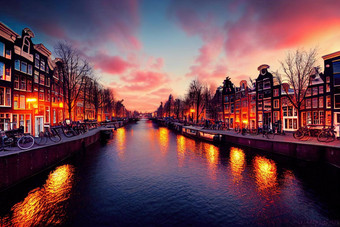 显示风格阿姆斯特丹运河日落阿姆斯特丹资本人口<strong>众多</strong>的城市荷兰动漫风格