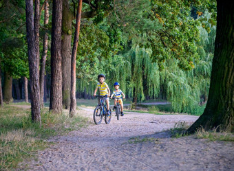 孩子男孩色彩斑斓的休闲衣服夏天森林公园开车自行车活跃的孩子们骑自行车阳光明媚的秋天一天自然安全体育休闲孩子们概念