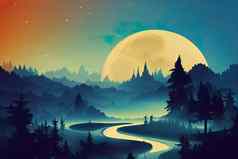 轮廓神秘的魔法森林景观月光