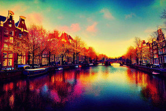 动漫风格春天场景阿姆斯特丹<strong>城市</strong>旅游船著名的荷兰运河色彩斑斓的<strong>晚上</strong>景观荷兰<strong>欧洲</strong>动漫风格