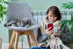 女人首页智能手机气候变暖猫加热散热器